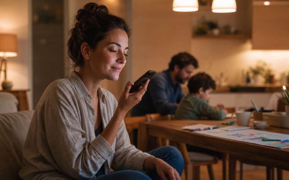 Woman using AI Diary at home with family life in the background